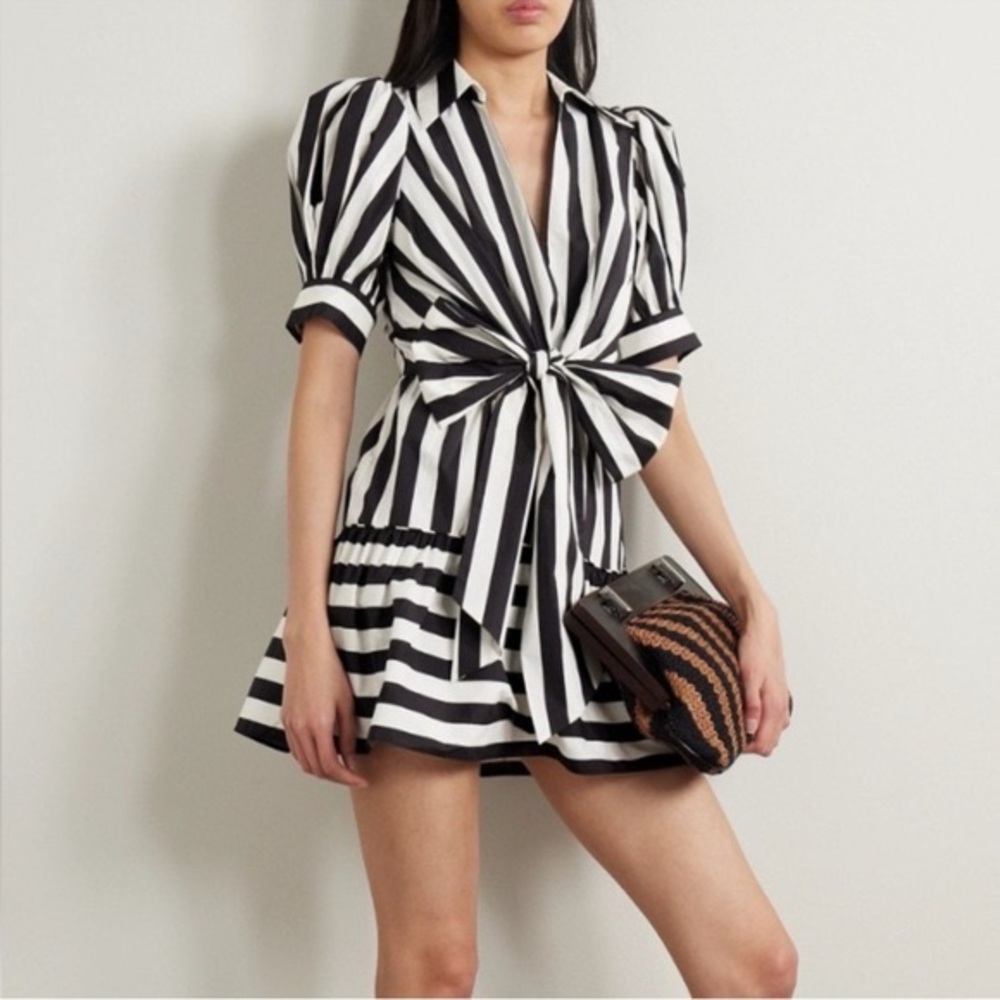 NWOT FARM Rio Mixed Stripes Black & White Short Sleeve Mini Dress Women’s XXS - Picture 3 of 16